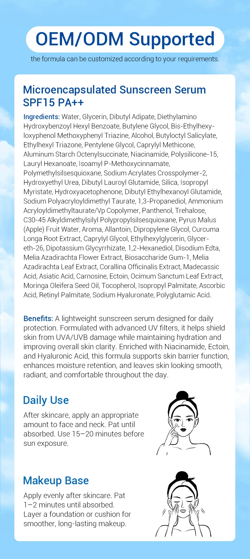 Product information sheet showcasing microencapsulated sunscreen serum SPF15 PA++, highlighting ingredients, benefits, and instructions for daily use and makeup base application.